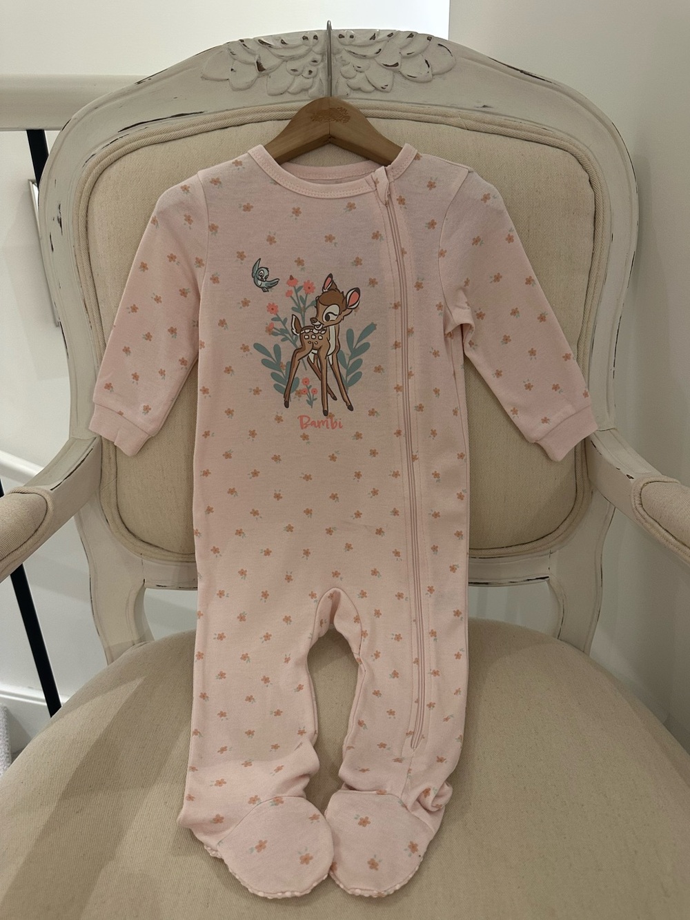🤍 12~18 Mth Pink Disney Bambi Floral Footed One-Piece Baby Footie NWT